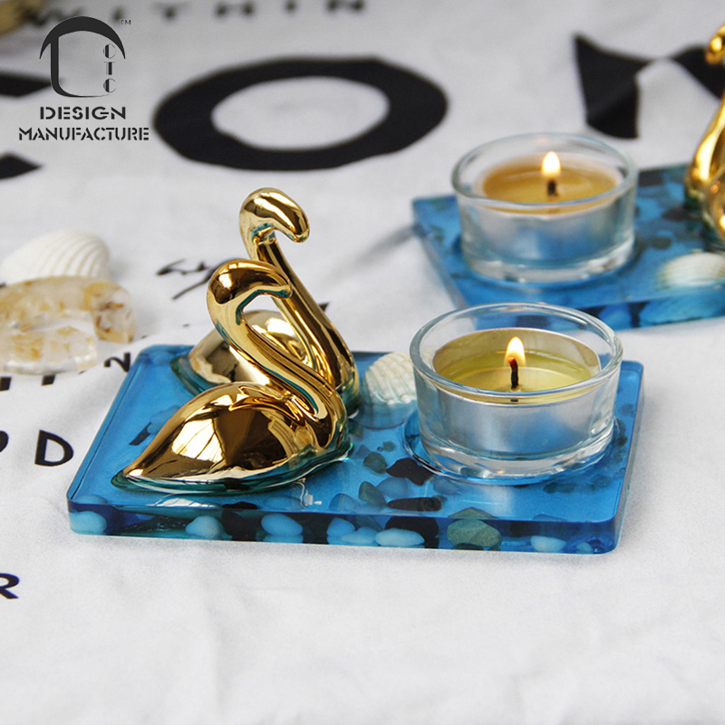 producer bedroom decor handmade decorative blue and golden swan design resin tea light candle Holder