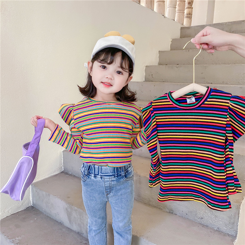 autumn baby girls colorful tops striped kids rainbow tops casual solid puff sleeve fashion wholesale children clothing