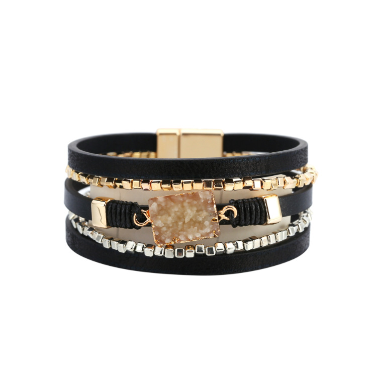 Delicate Mixed Natural Stones Quartz Druzy Charm Leather Bracelet Women Hotsale Mutilayered Square Druzy Leather Wrap Bracelet