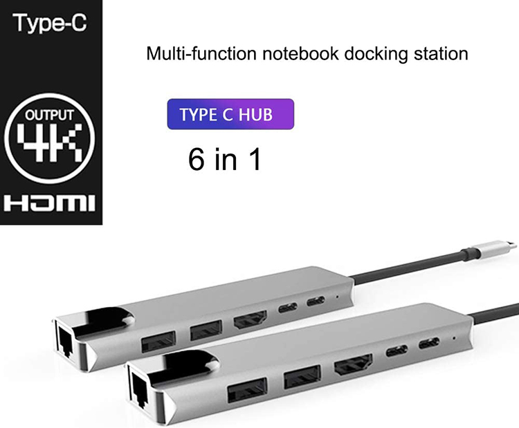 Высокое качество USB концентратор, Type-C 6 в 1 концентратор Многофункциональный расширительный док-станция Type-C износостойкий алюминиевый сплав тип-c док-станция