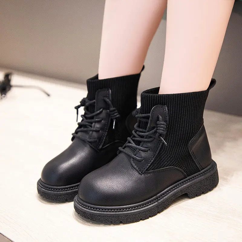 2021 New Fashion Trend Leather Girls Boots Lace-up Ankle Sock Boots Autumn And Spring PU Boots