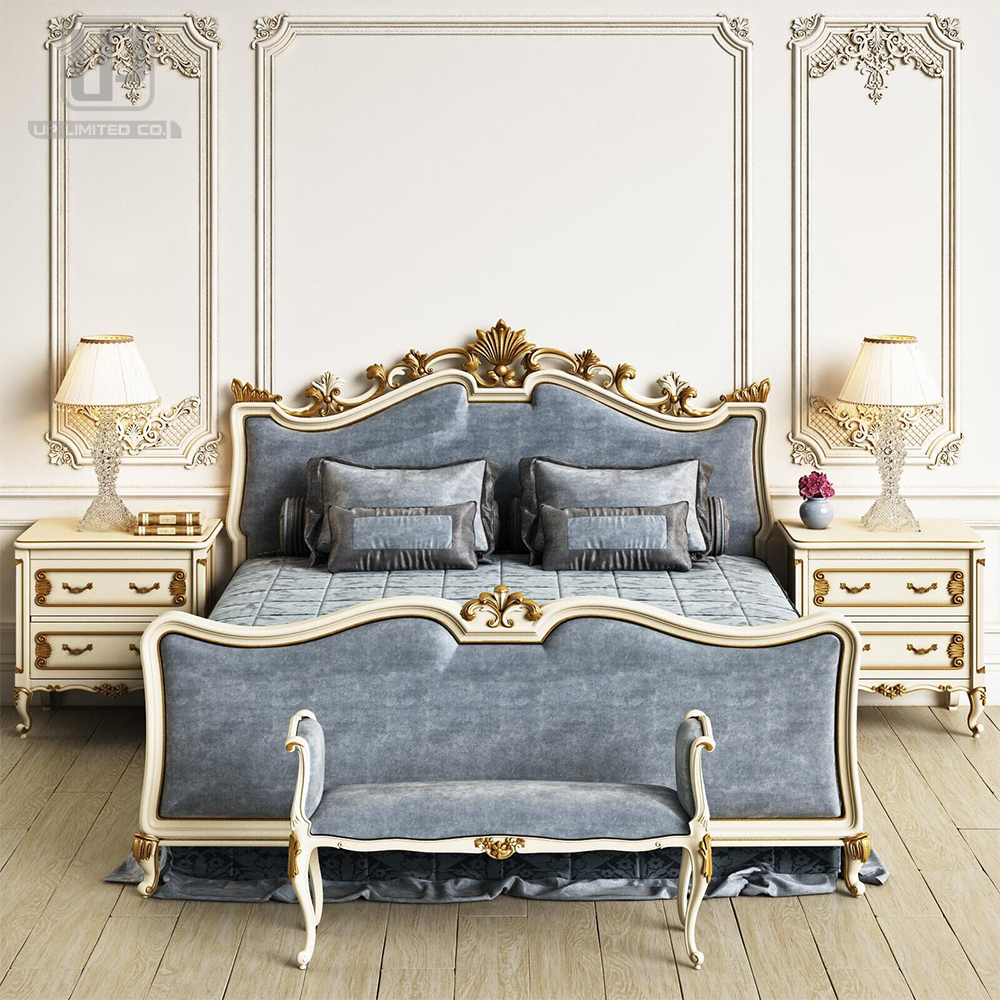 Classical style Bedroom Set 100%hand-carved wooden structure with velvet fabric upholstery double bed with factory price