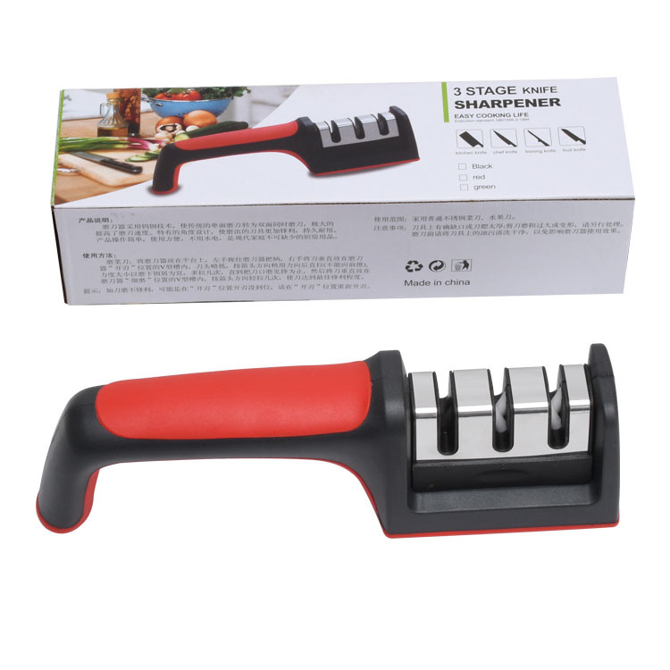 New Red And Black Kitchen Household Sharpening Stone Double Ceramic Tungsten Steel Manual Three-section Sharpener Gift Sharpener