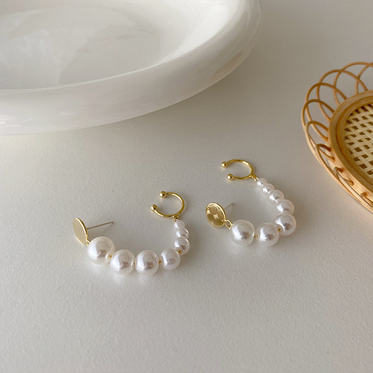 925 Silver Needle Pearl Hoop Earring Imitation Pearl Ear Cuff round piece light luxury earrings
