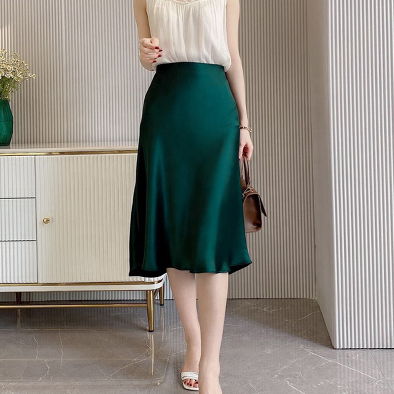 Wholesale French Elegance Girls Latex Green Satin acetate Midi Skirts Stretchy A-line Umbrella Full Flared Skirt For Ladies