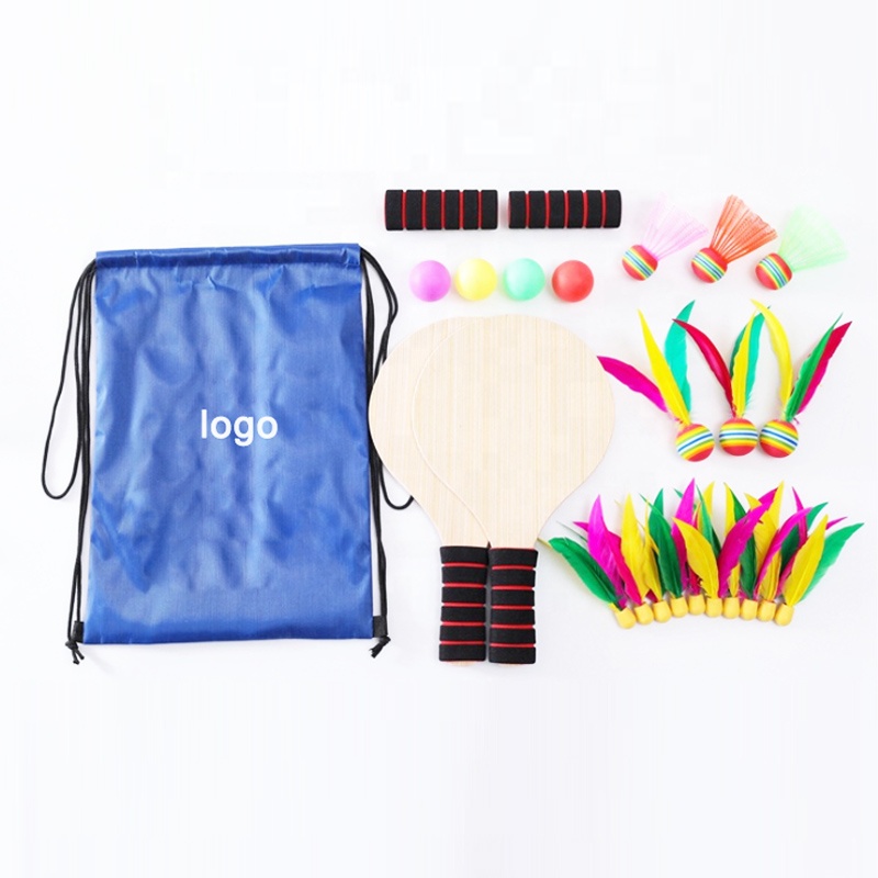 Custom paddle ball game with carry bag racket ball toy play beach lawn backyard wood racquet shuttlecock bat set for kids audlt
