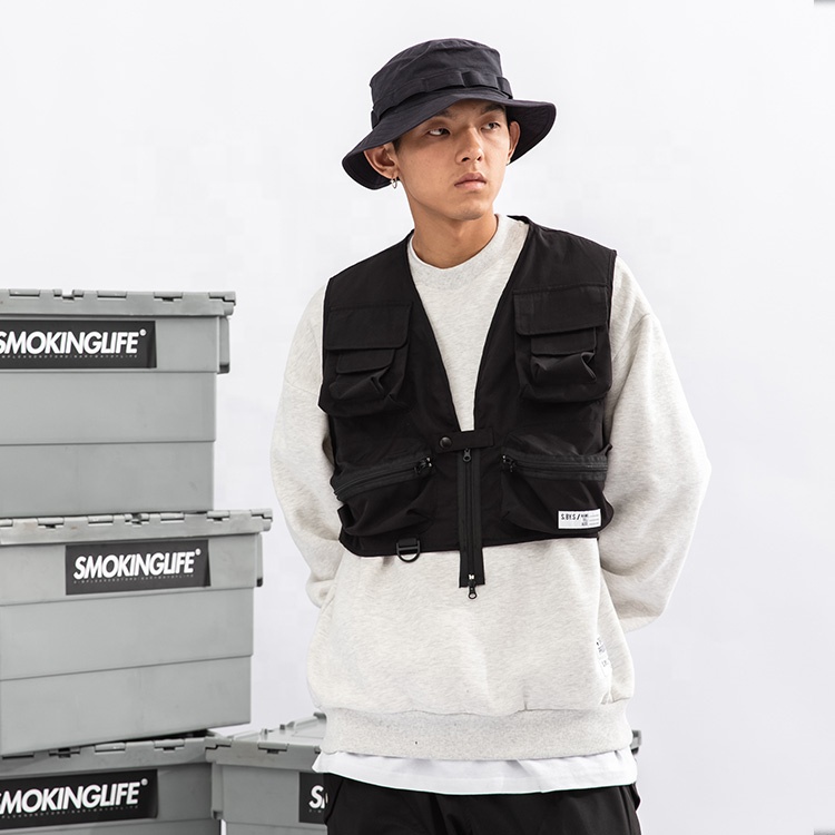 Multi-Pocket Plain Cargo Vest Mens High Street Functional Loose Short Vests Streetwear Men