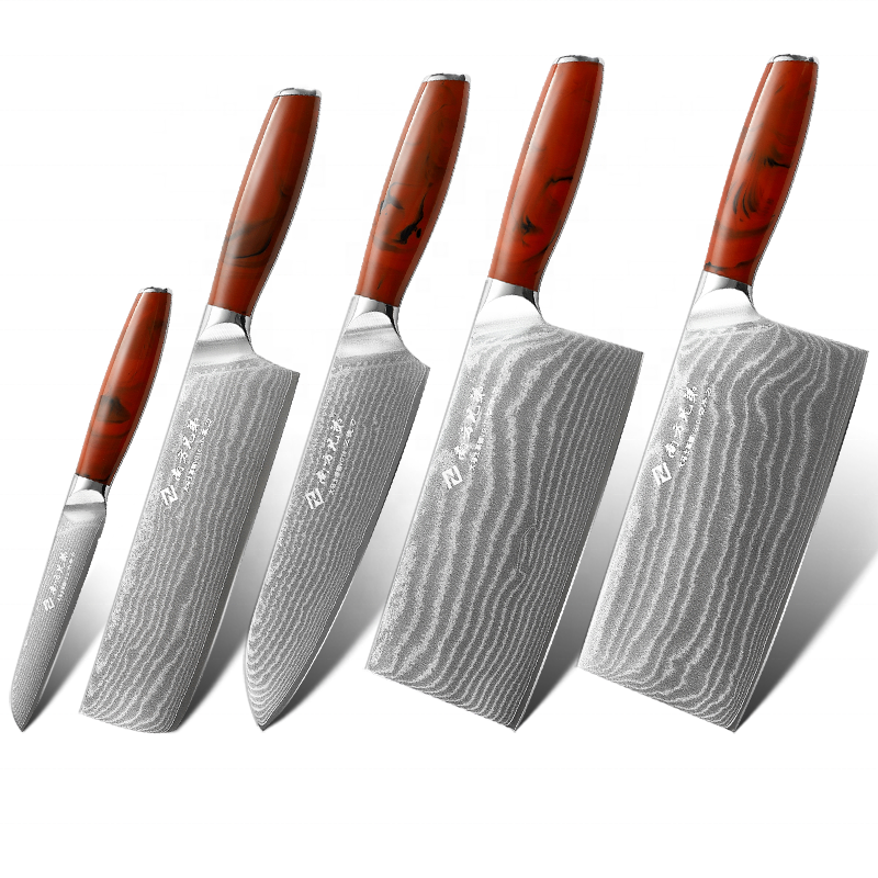 5 Pieces Damascus Kitchen Chef Japanese knife set with Red ABC Ergonomic Handle and Luxury Gift Box