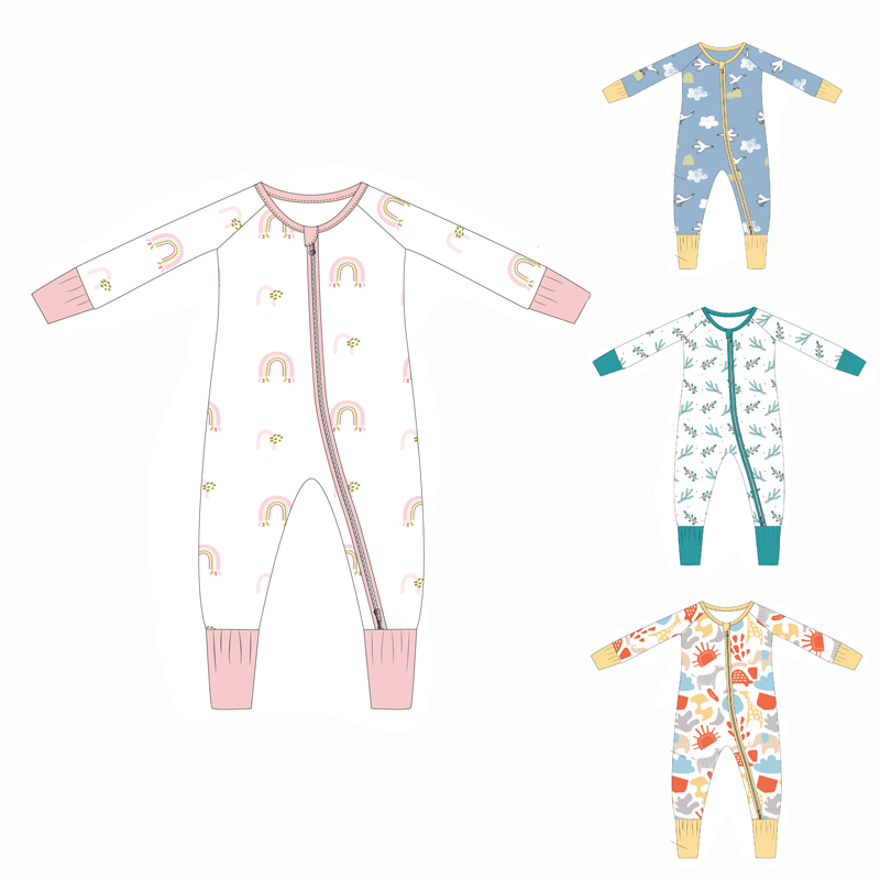 OEM ropa de bebe, новые детские комбинезоны с длинным рукавом, пижамы с принтом для новорожденных, детские комбинезоны из бамбука и спандекса на молнии