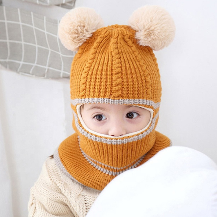 Wholesale Winter Cute Two Pompom Cable Knit Fleece Boys And Girls Full Face Cover Balaclava Beanie Hat For Kids