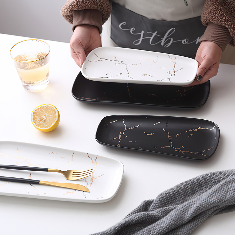 10 Inch Porcelain Marble Rectangle Dessert Platter Appetizer dish Ceramic Sushi Plate for Restaurant and Hotel