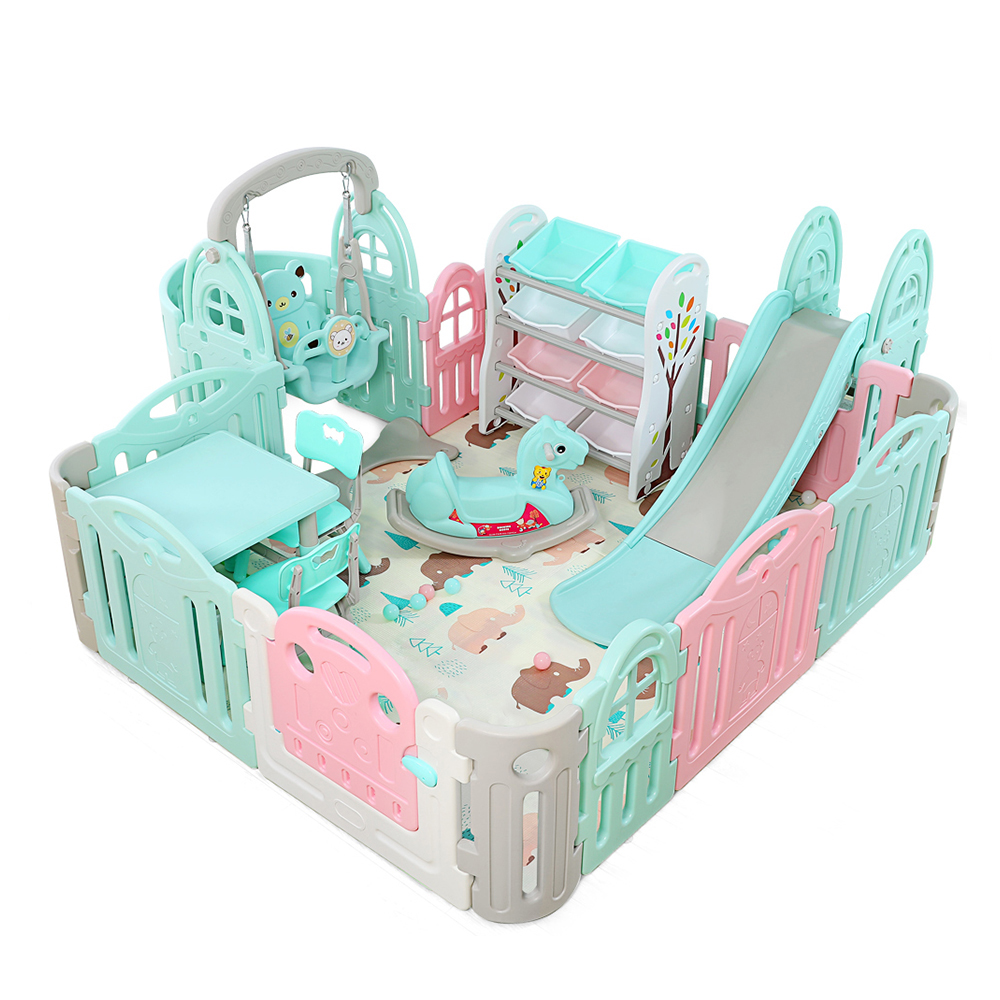 Whole Castle Theme Indoor plastic baby playpen slide and swing set match with fence