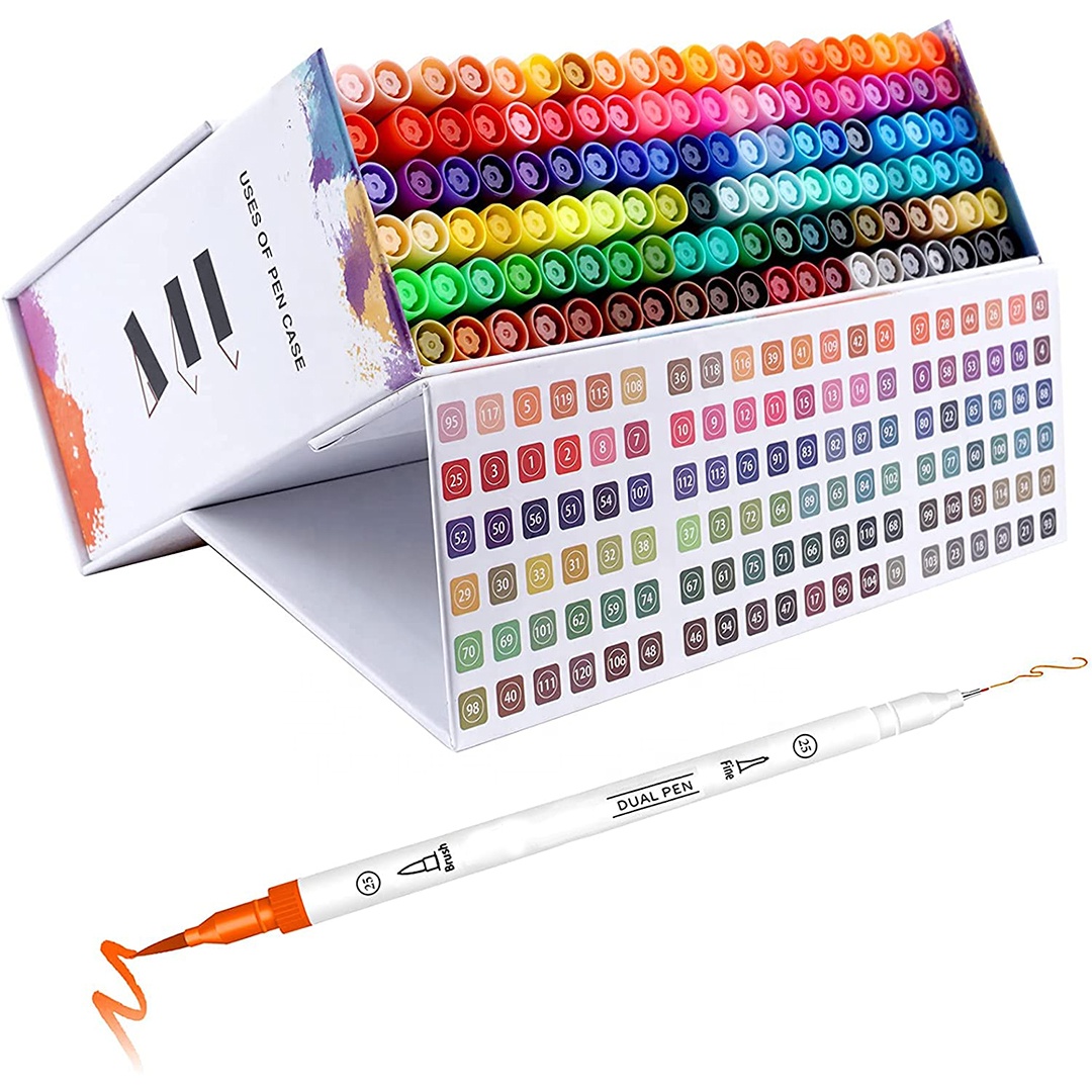 Lifeinfinity Dual Brush Pens Colored Markers with 0.4mm Fine-Liner Tip and Highlighter, Adult Coloring Markers for Painting