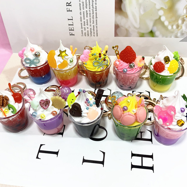 Ice cream Milk Tea Key Chain Women Cute Creative Drinks Keychain For Kids Girlfriend Key Pendant