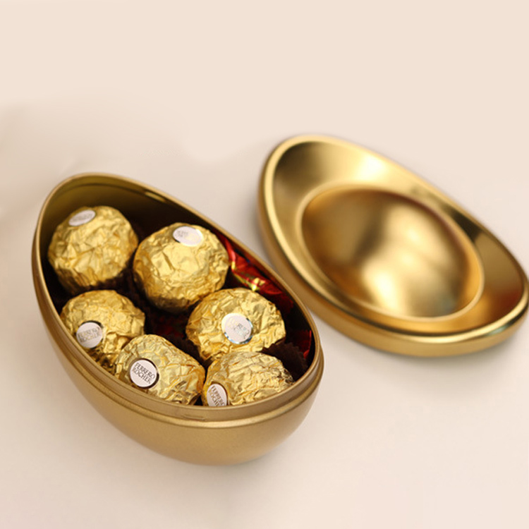 Wholesale food grade Gold ingot shape metal can tinplate metal packing box for holiday gift chocolate candy cookie packaging box