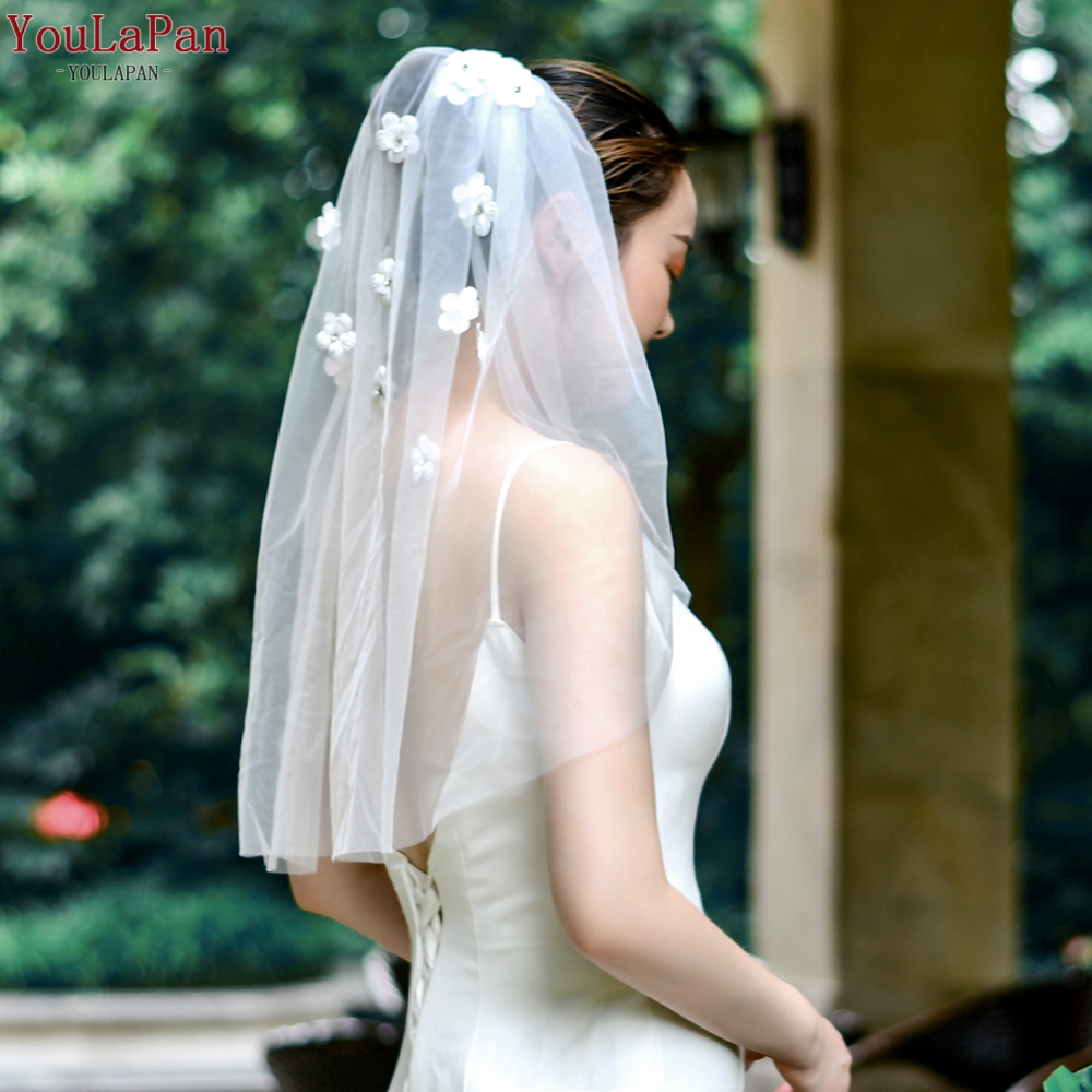 YouLaPan V46 Hand-Sewn Short Veil With White Three-Dimensional Flowers And Rhinestones, White And Ivory Bridal Wedding Veil