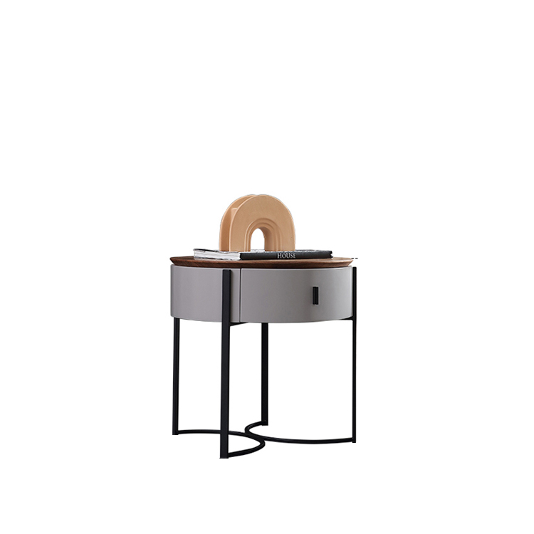 Round Grey Nordic Nightstand Iron Feet Storage Cabinet Bedside Table