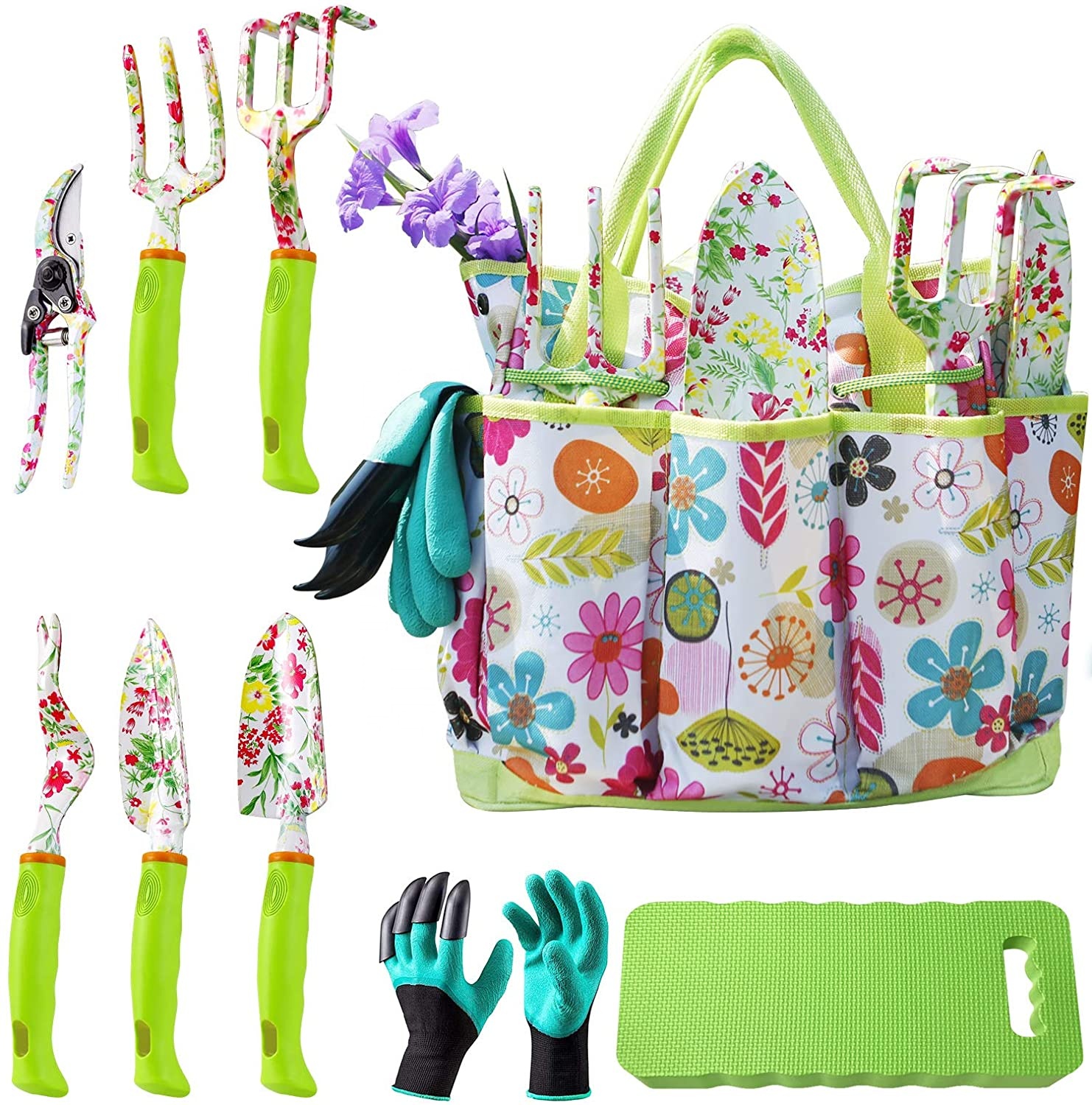 Wholesale 9 Pieces Cute Flower Pattern Gardening Tools Set Gift for Women with Garden Kneeling Pad