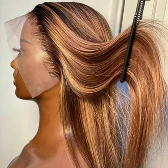 180 Density 10A Grade Piano Highlight 1B Honey Brown Color Straight Short Bob Wigs Human Hair Lace Front