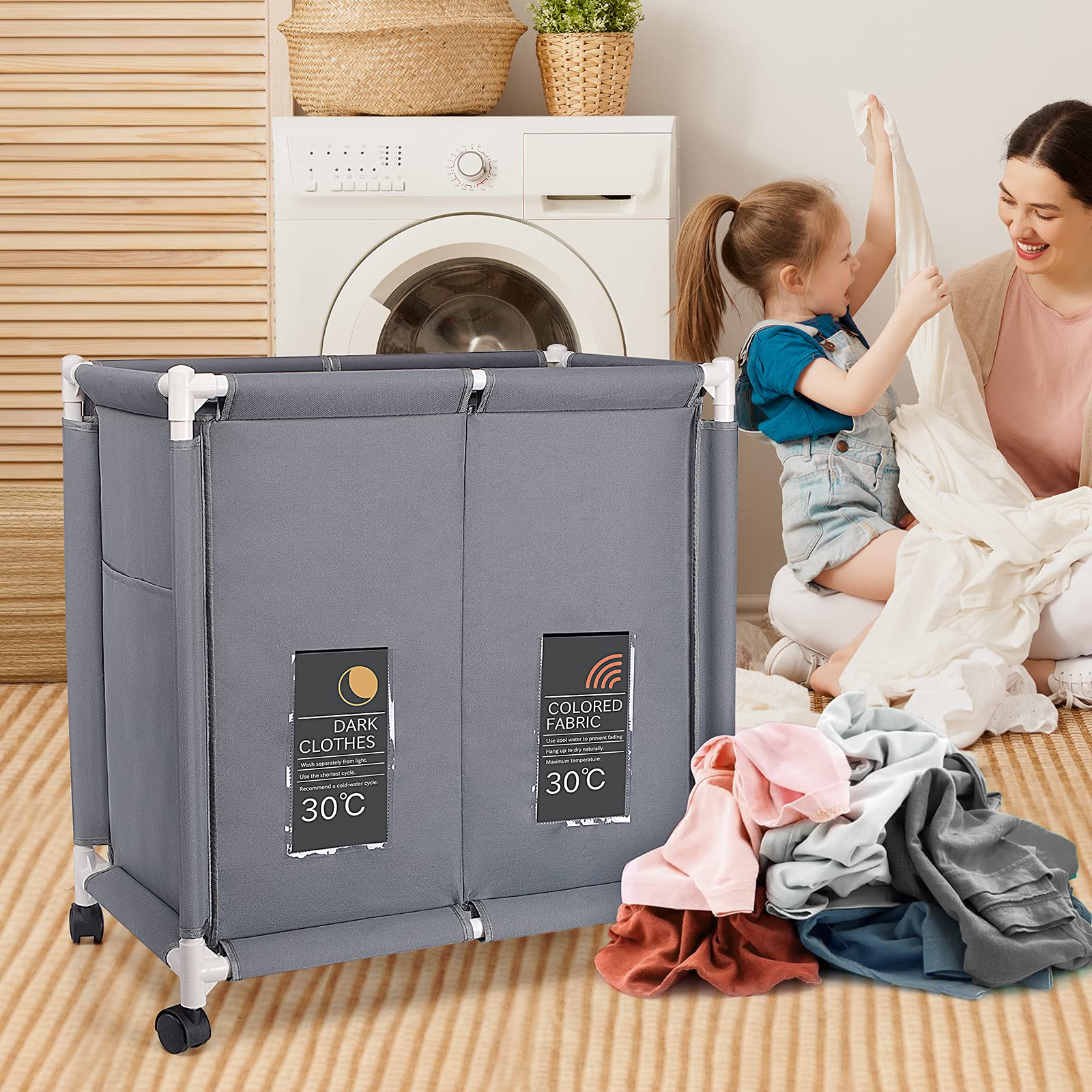 Amazon горячие продажи 2 круглый Ланч-бокс для белья, корзина для хранения вещей 110L большой Оксфорд корзина для белья для сортировки по цвету с подвижной колеса крышкой и сортировки карт