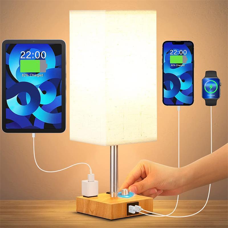 Modern Simple Bedroom Bedside Table Lamp with Socket Rechargeable Solid Wood Stepless Dimming Table Lamp