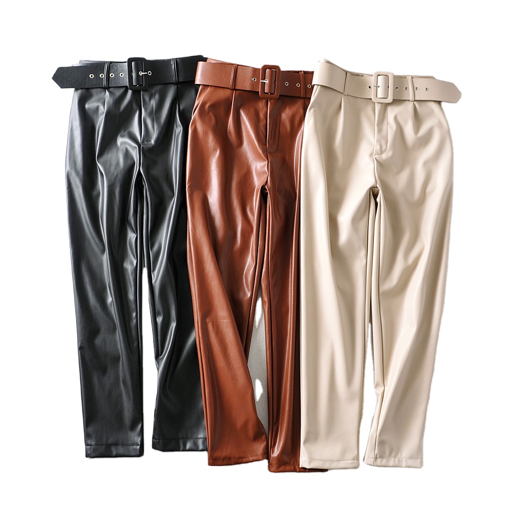 Black color elastic waist fashion cargo leather pants women pu trousers
