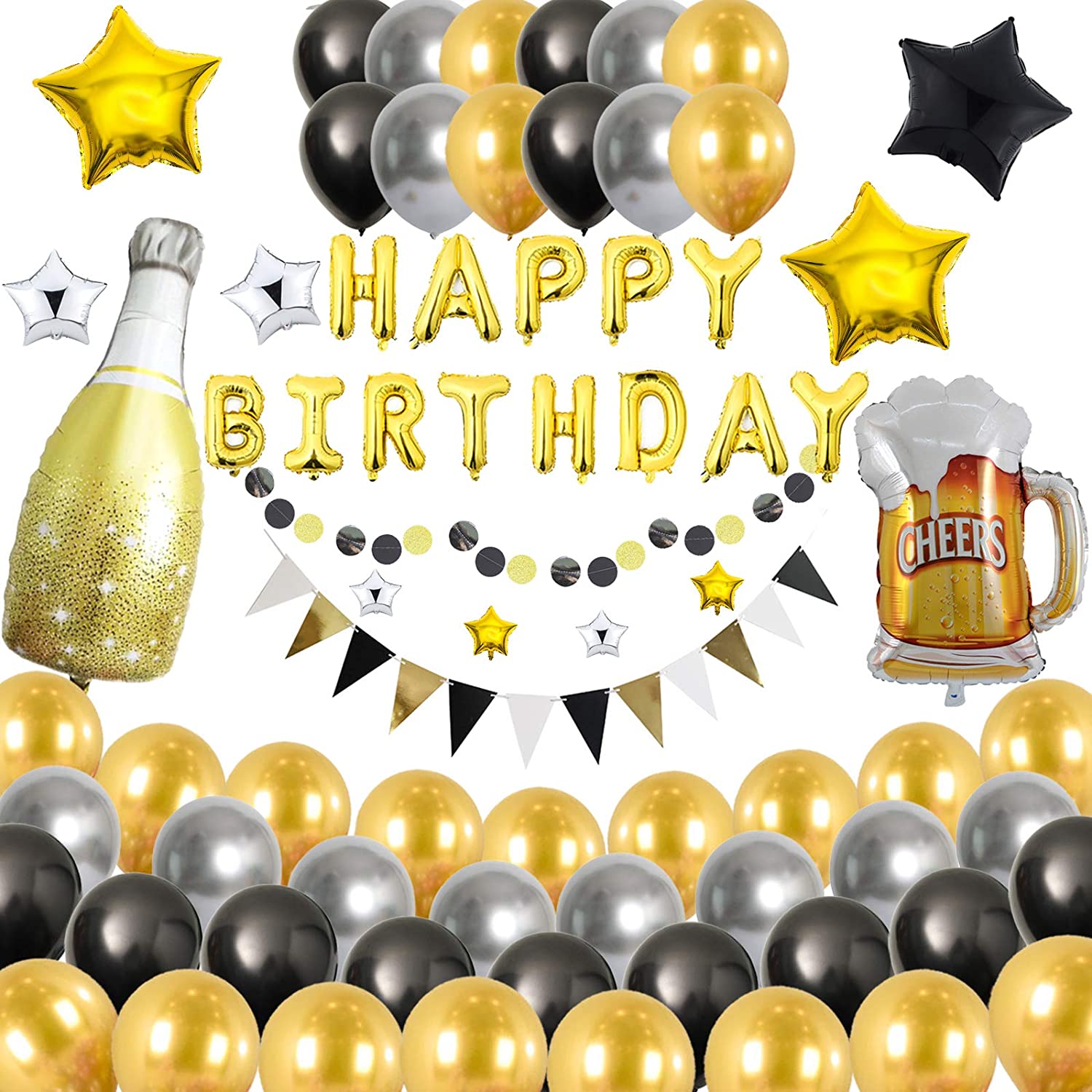 Birthday party decoration black and gold balloon set with 3D "Happy Birthday" aluminum foil balloons suitable for all ages
