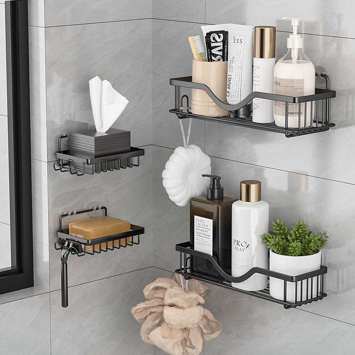 Wall Mounted Stainless Steel Bathroom Storage Shelf, Reusable Shower Caddy, No Nailing, Amazon Hot Sale
