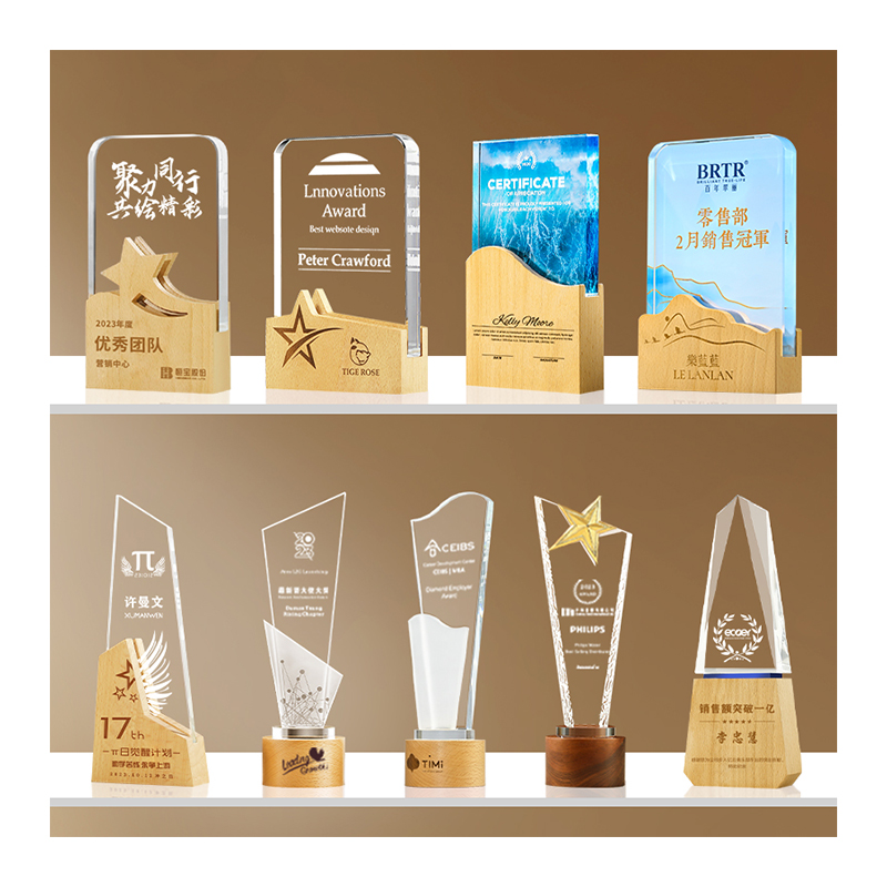Customizable Wood Crystal Awards Cups Personalized Trophies Medal Blank Glass Sublimation Wood Souvenir Wholesale Manufactured