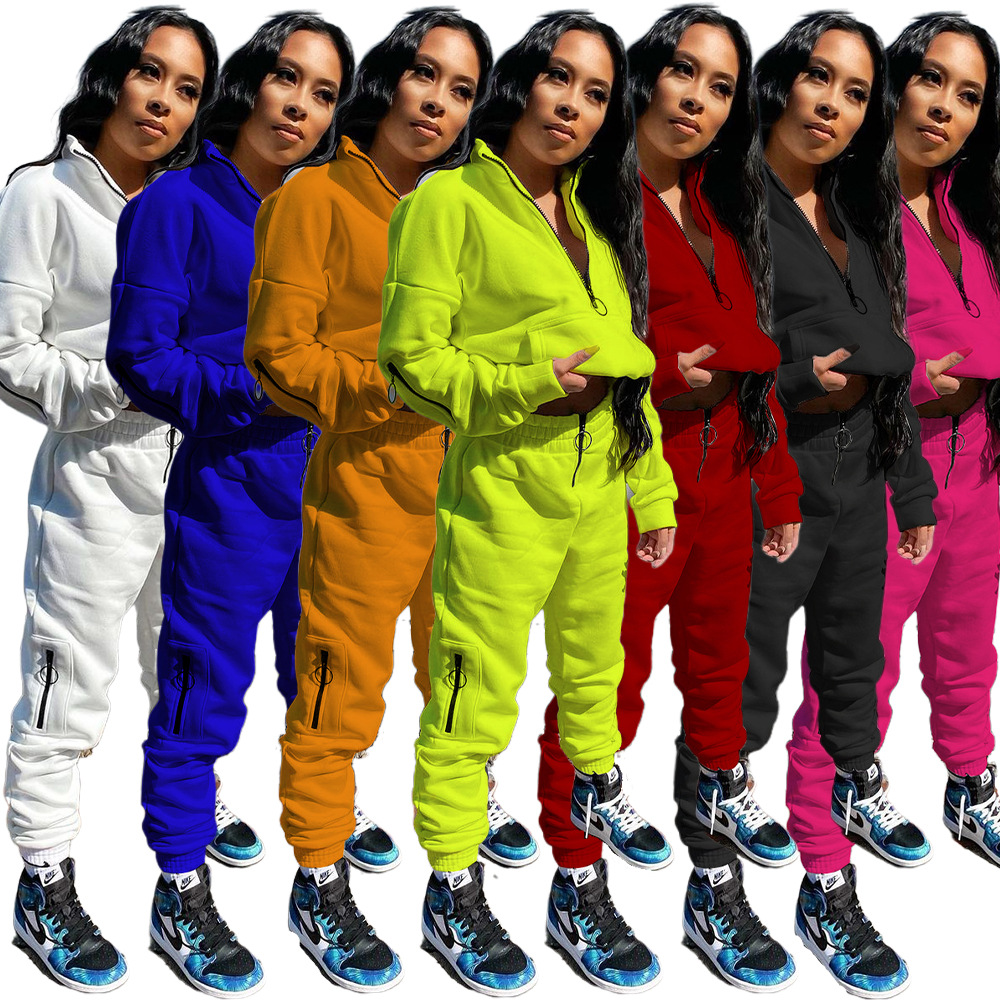 Women's Solid Color 2 Piece Pants Set Sweatshirt Jacket Zipper Sweatsuit Stand Collar Pencil Jogger Sport Tracksuit Women Outfit