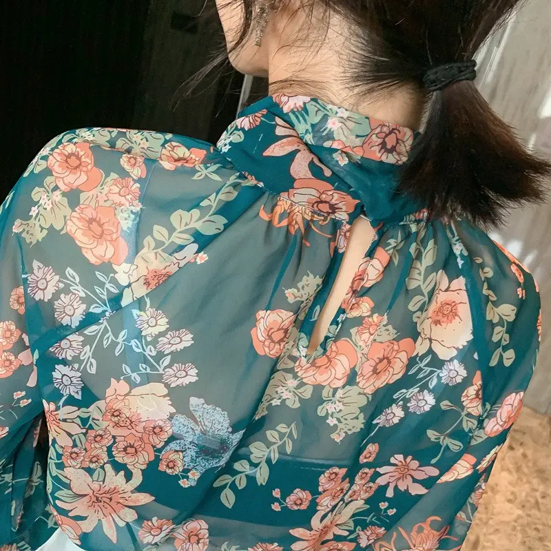 Женская шифоновая блузка с цветочным принтом и рукавами-фонариками