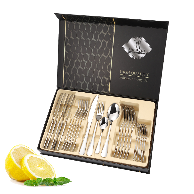 Mirror polish luxury sterling silver flatware set stainless steel 24 piece knife fork spoon set cutlery set in a case