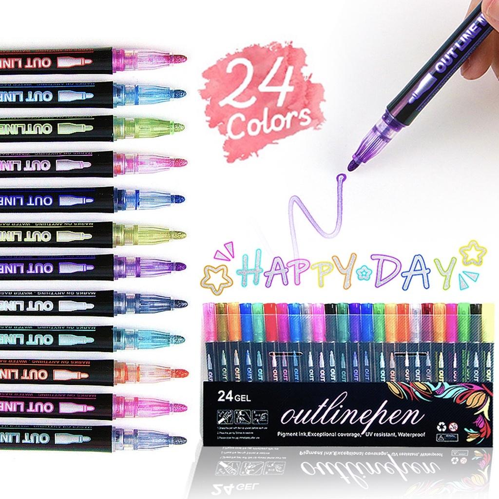 12 Colors Self Outline Metallic Markers Pens Double Outline Glitter Marker Pens Set