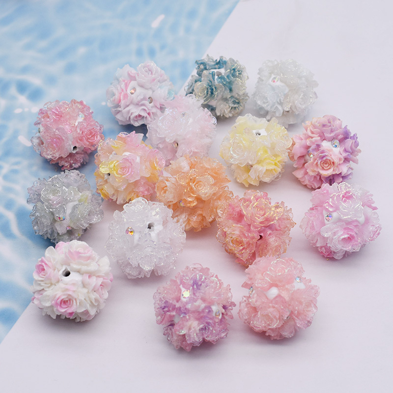 Pink Design 4pcs Diverse 3D Simulation Soft Rose Flower Ball Beads round Ceramic Polymer Clay Beads for Jewelry Making DIY