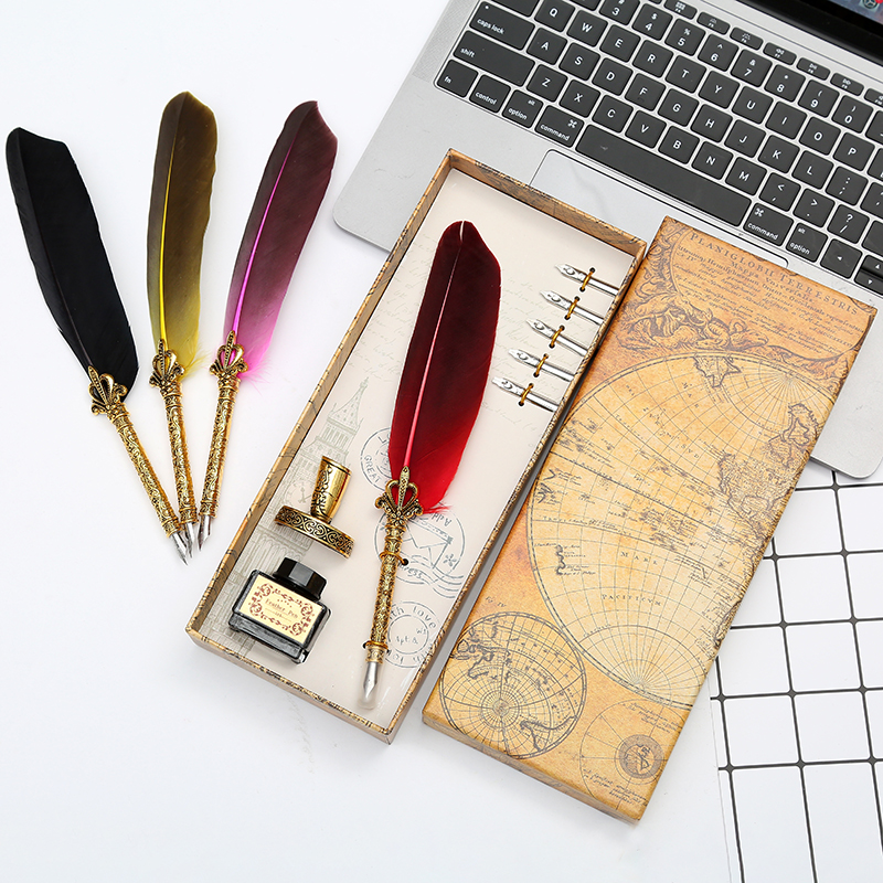New and unique! Natural feather dipped fountain pen set writing ink luxury gift box can be customized LOGO Christmas gifts