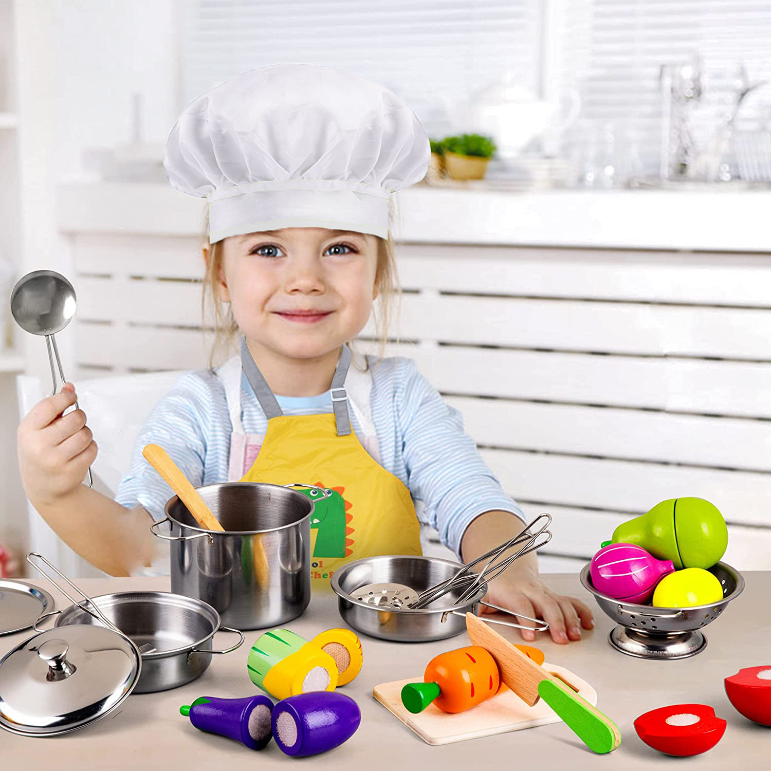 Kitchen Toy Accessories Wooden Play Food Stainless Steel Cookware Game Set Cooking Pretend Play Mini Kitchen Toys For Kids
