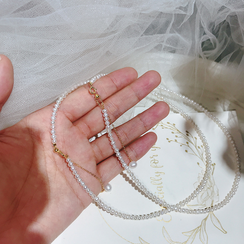 Pearl Necklace Dainty Choker Baroque Cultured Strands Short Tiny Chain Handmade Vintage Jewelry for Women Girls