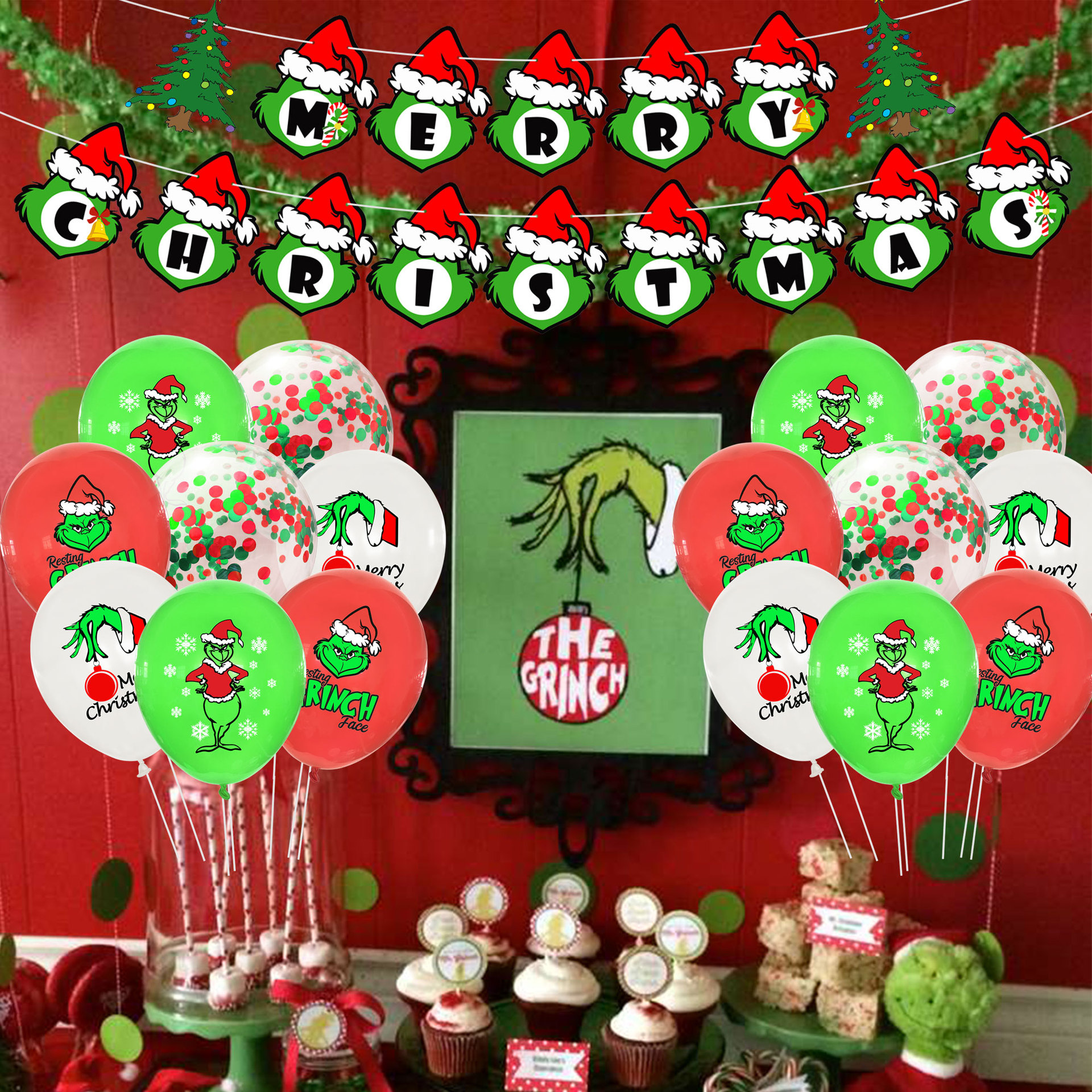 Wholesale Merry Christmas Party Decoration Grinch Paper Banner Balloon Cake Topper Party Decor Santa Party Supplier