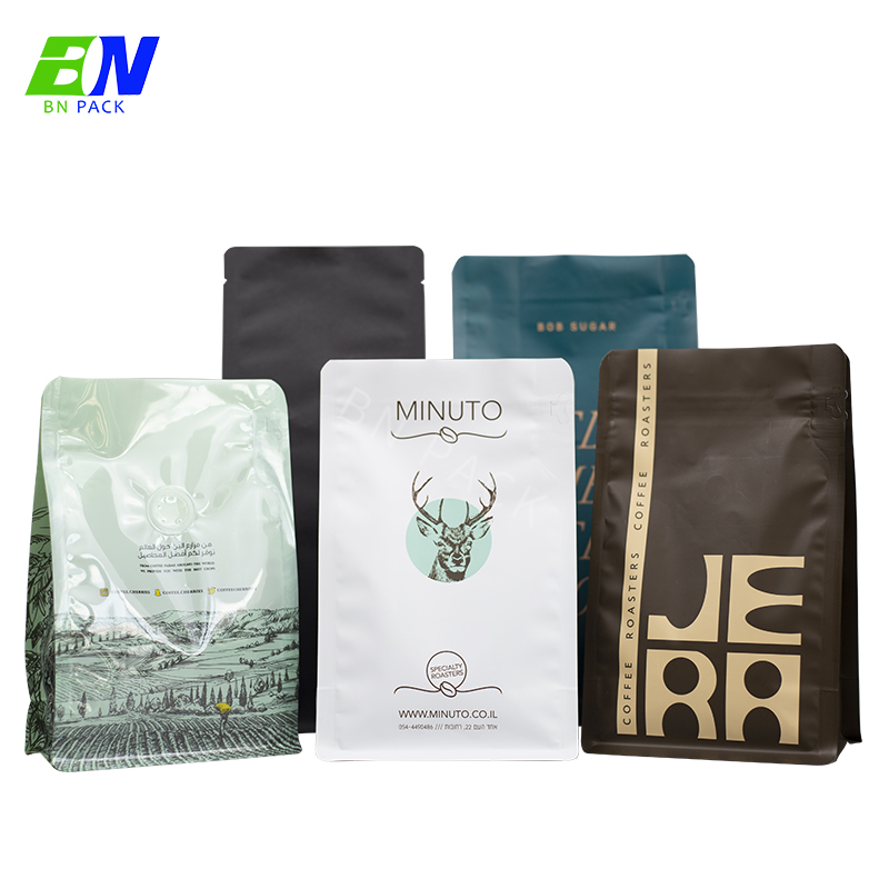 8oz 12oz 16oz recycle kraft paper foil inner flat bottom custom printed coffee packaging bags with valve