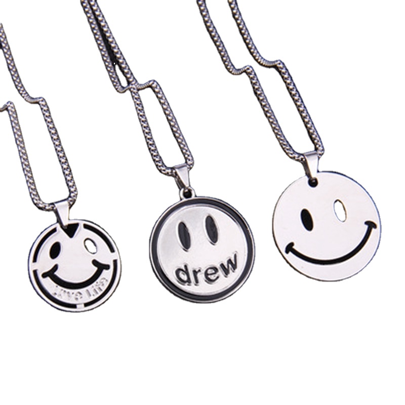 New Men Necklace Trend Hollow Smiley Face Pendant Stainless Steel Long Chain Vintage Couple Male Hip Hop Gift Jewelry