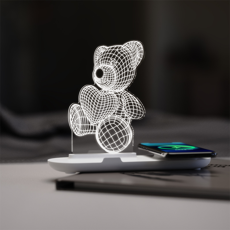Custom Creative 3D Illusion de noche lampara Acrylic Table Desk Base wireless charger with led lamp and phone holder