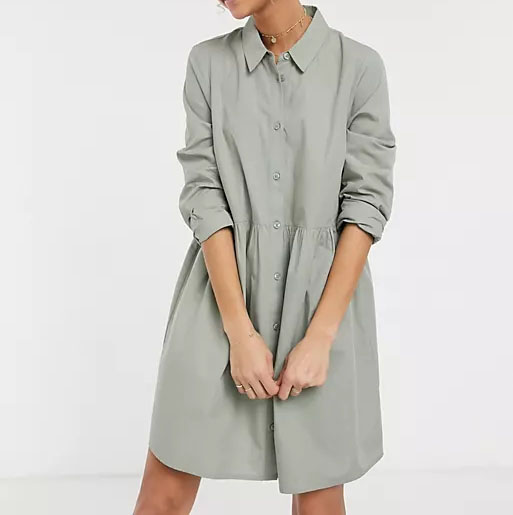 Customize Ladies Point Neck Long Sleeves Cotton Khaki Mini Smock Shirt Dress