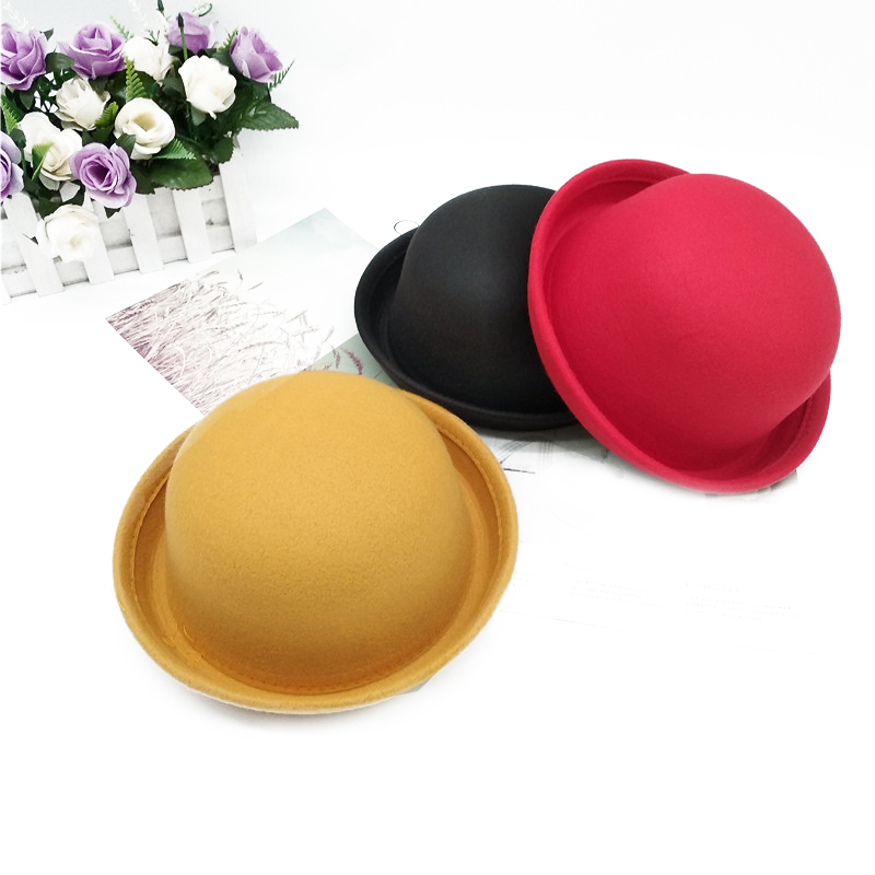 Vintage Trendy Kids Winter Solid Rolled Brim Headwear Formal Baby Round Top Derby Children Wool Fedora Dome Hats Felt Bowler Hat
