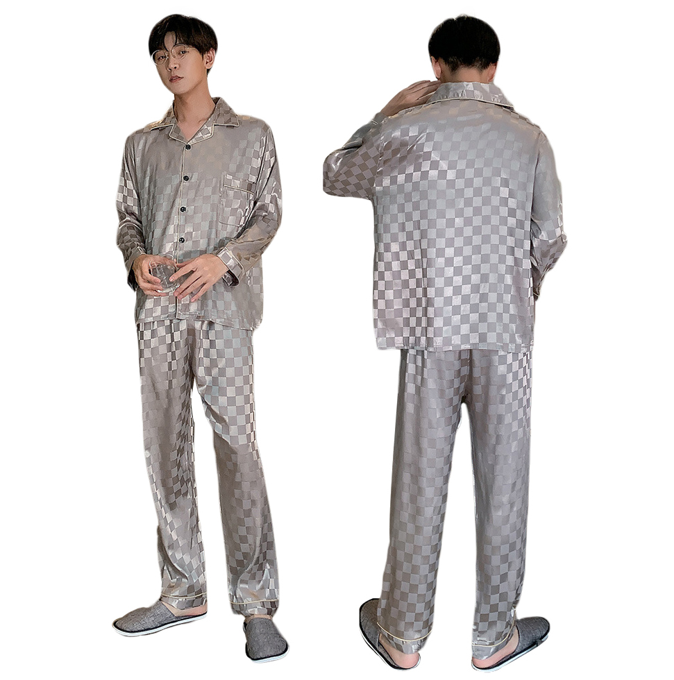 Wholesale Men Designer Pajamas Summer ice silk Plaid Thin long sleeved man Sets Home clothes