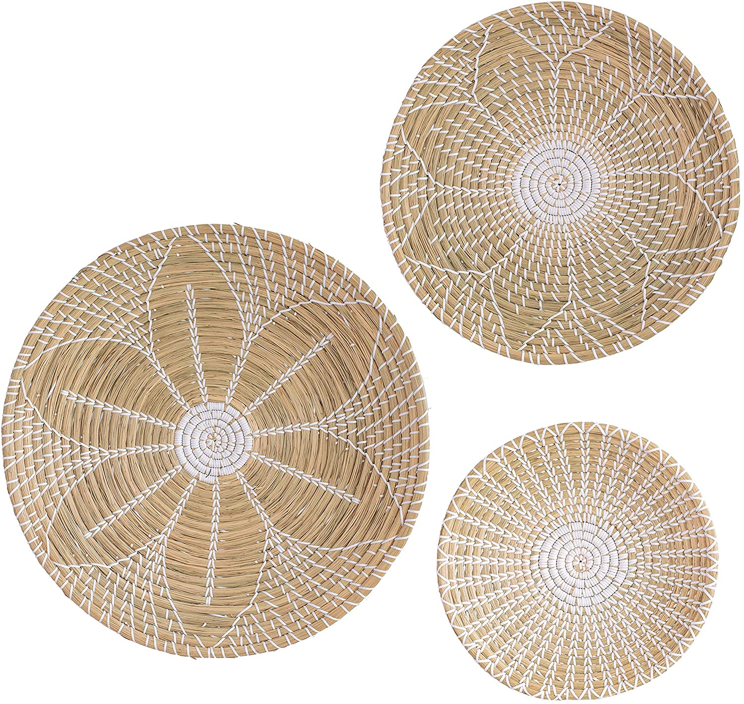 Wicker Wall Basket Decor Set of 3 Oversized Hanging Natural Woven Seagrass Flat Baskets Round Boho Wall Basket Decor for Living