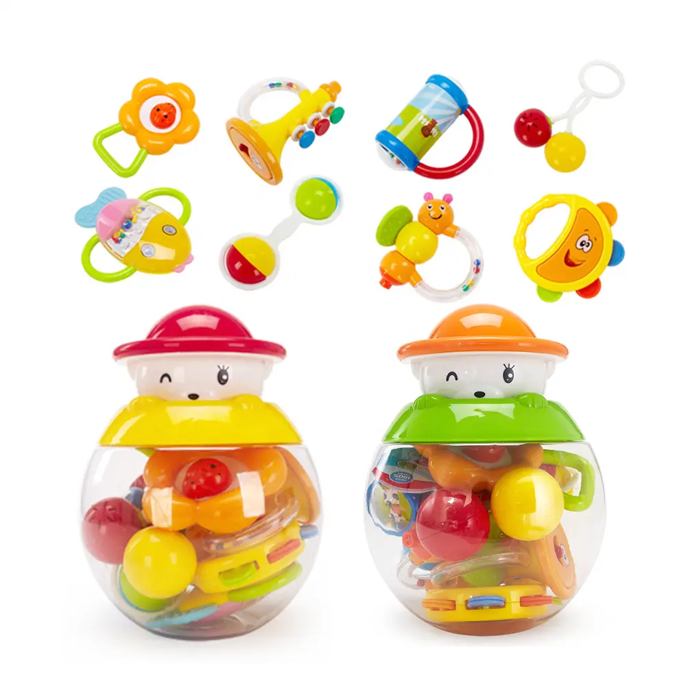 plastic rattle set baby ring toy with 8 different shapes