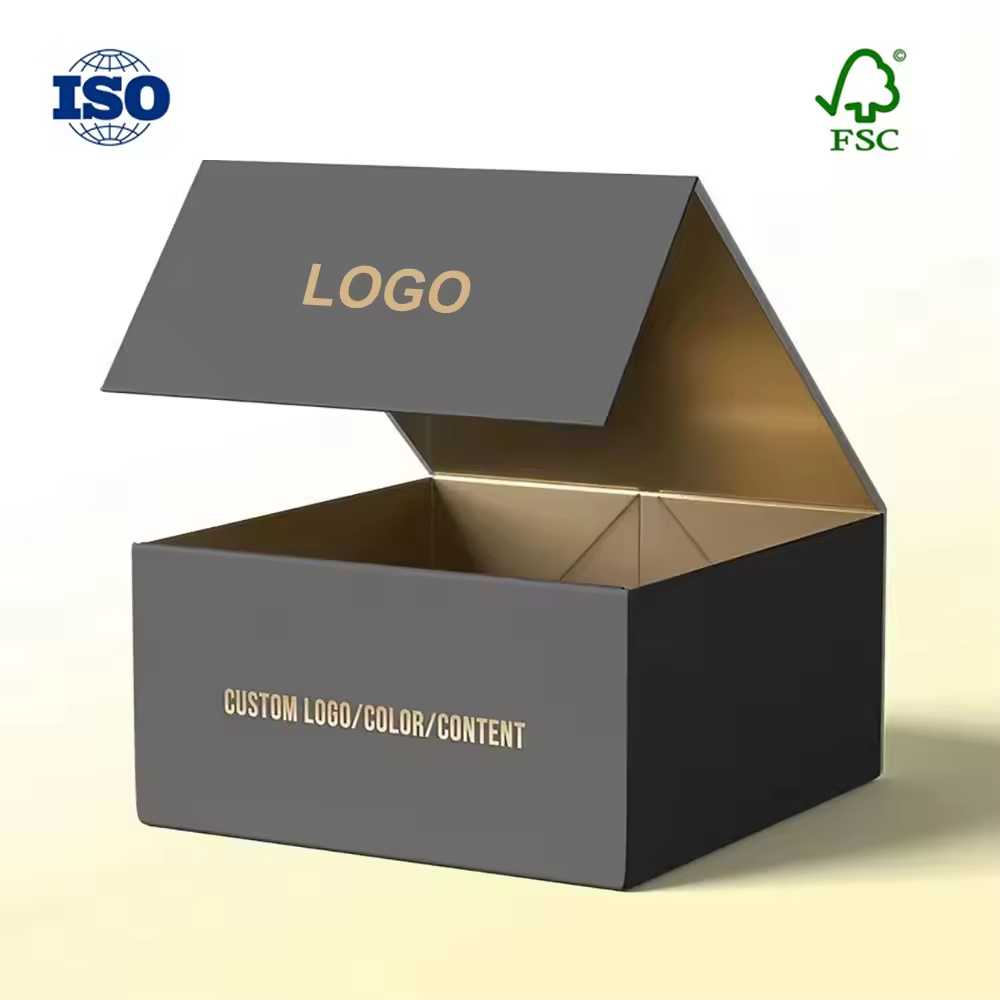 Custom Logo Magnetic Gift Paper Box Hard Cardboard Luxury Folded Packaging Black Folding Rigid box