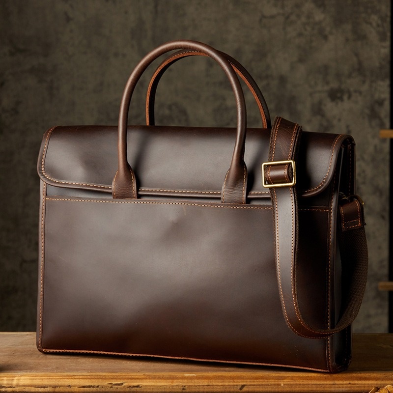 Handmade casual briefcase big size crazy horse leather handbag shoulder crossbody bag side laptop bag for work business