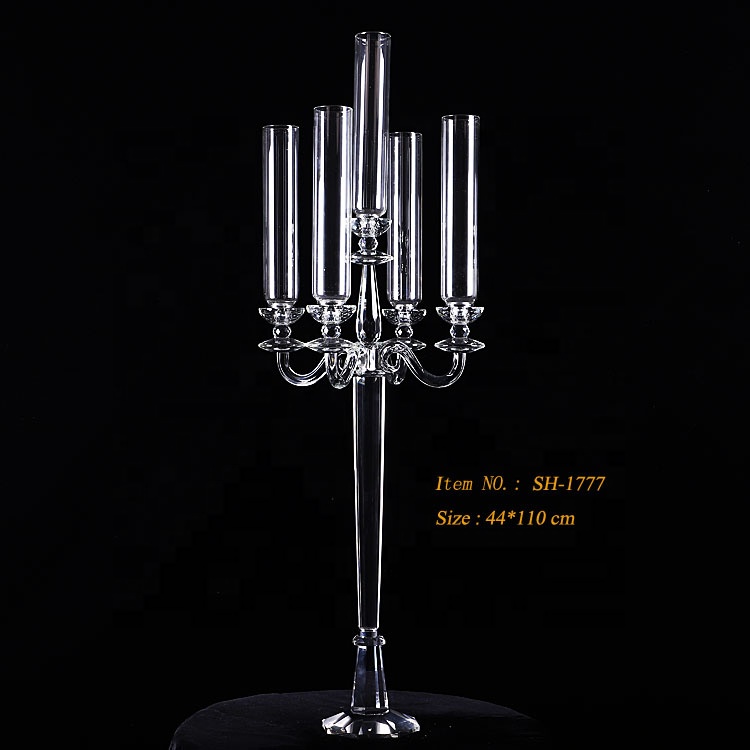 5 arms crystal candelabra wedding centerpieces cheap tall clear glass cylinder candle stick holders wholesale for sale