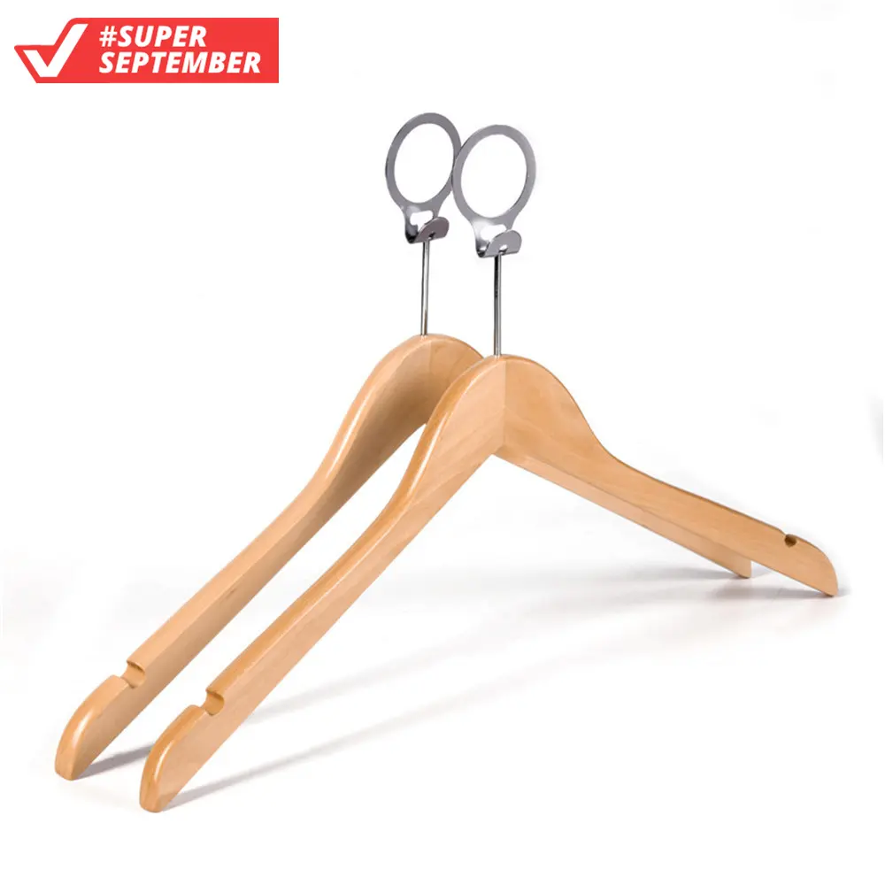 Hanger Hotel Factory Small MOQ Quality Adult Size Natural Wooden Top Hangers Anti Theft For Hotel Clothes